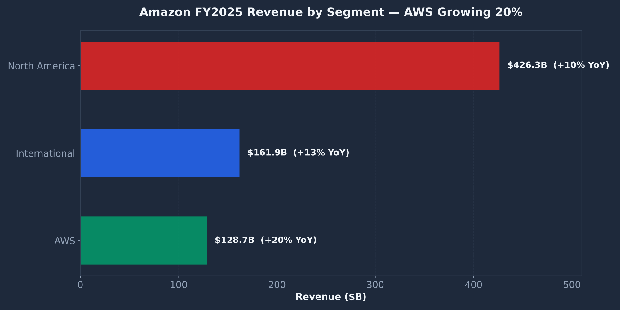 Amazon FY2025 segment revenue North America International AWS showing AWS at 20 percent growth
