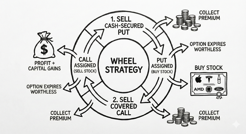 Wheel strategy diagram showing the cycle of selling cash-secured puts, getting assigned stock, and selling covered calls