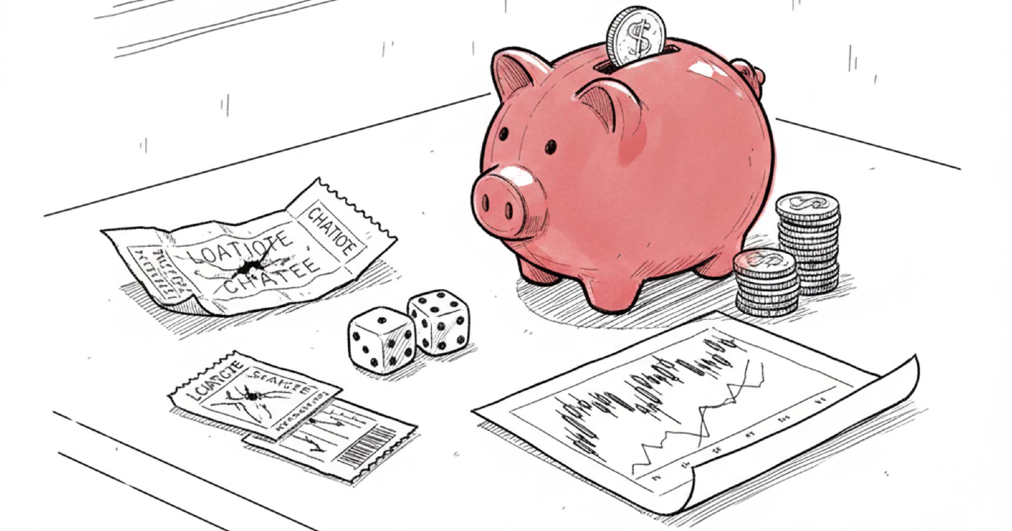 Buying calls versus selling premium illustration comparing a speculative lottery ticket to a steady piggy bank collecting income