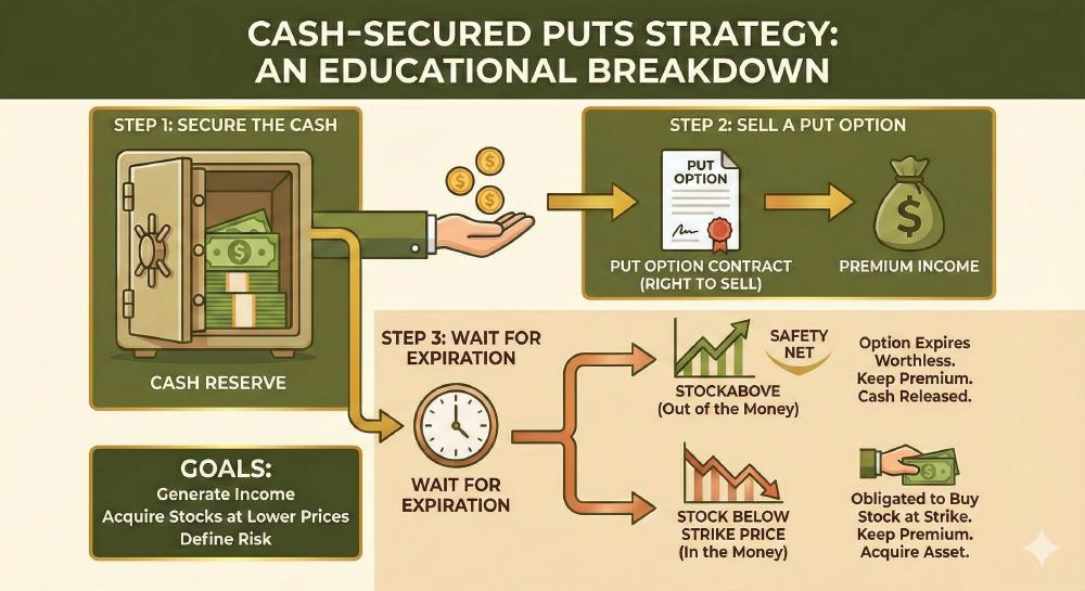 Cash secured puts strategy educational breakdown showing the three steps: secure the cash, sell a put option, and wait for expiration
