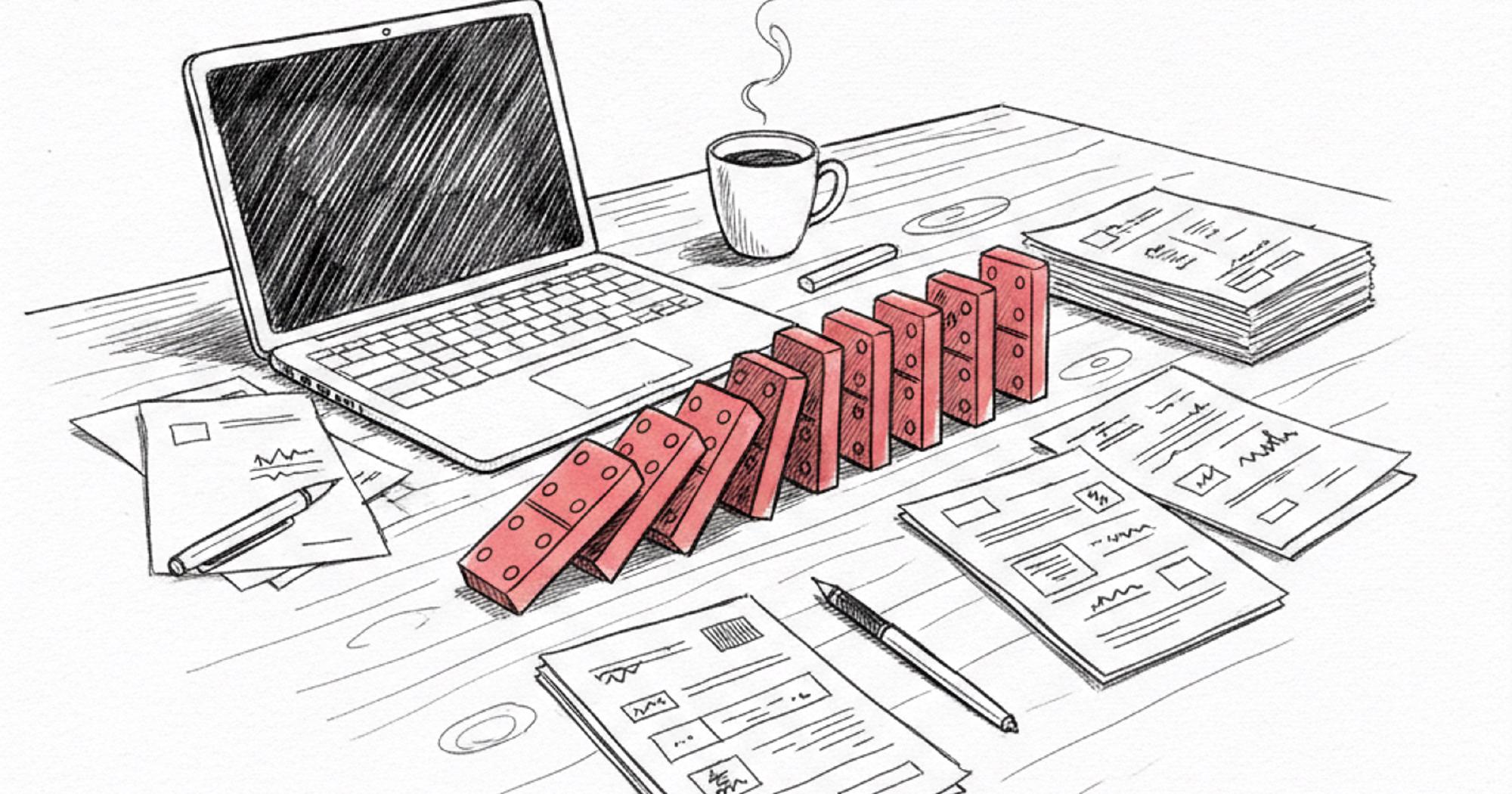 Correlated options positions illustrated as a row of dominoes falling together on a trading desk