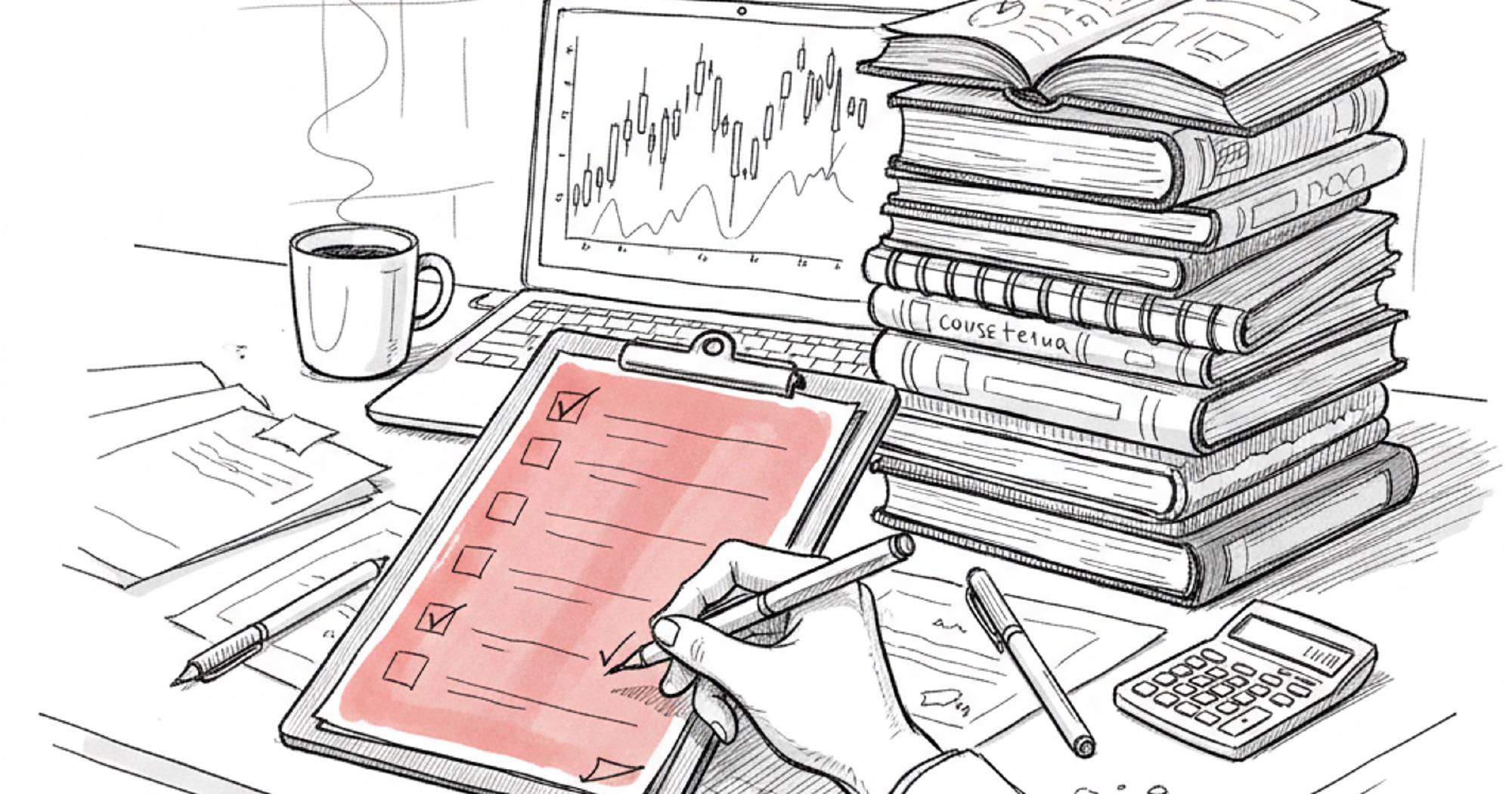 Hand-drawn illustration of a checklist on a clipboard next to stacked course books, evaluating options trading courses