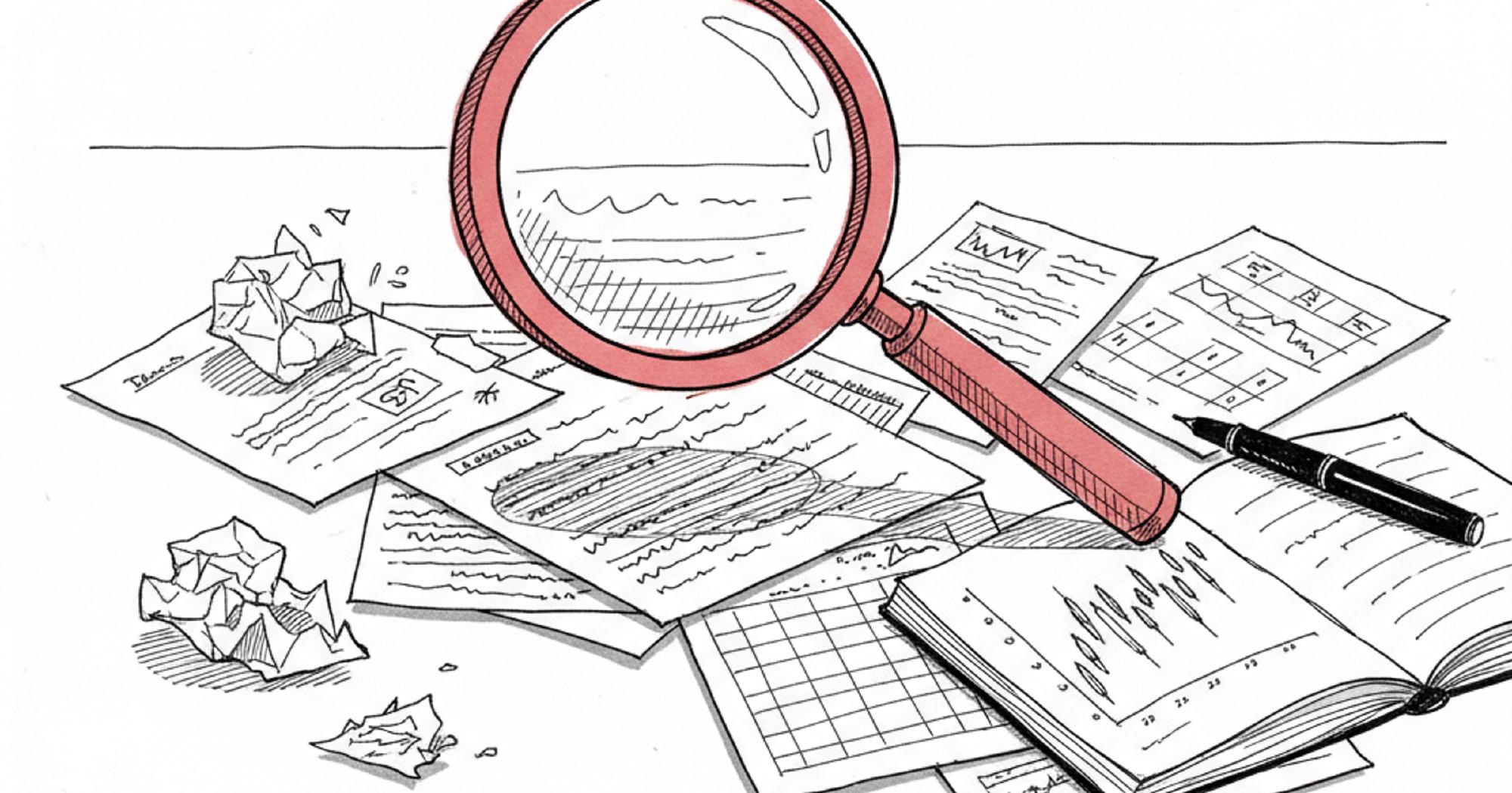 Hand-drawn illustration of a magnifying glass examining scattered financial documents, looking for red flags in options trading courses