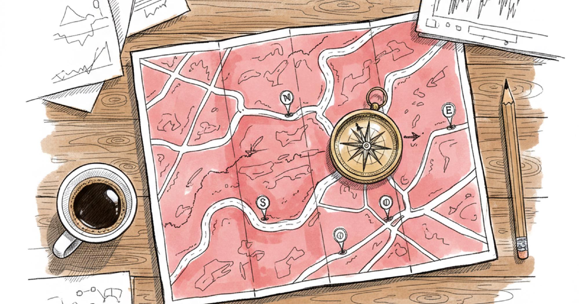 Hand-drawn illustration of a roadmap with a compass on a desk, representing a two-step approach to learning options trading