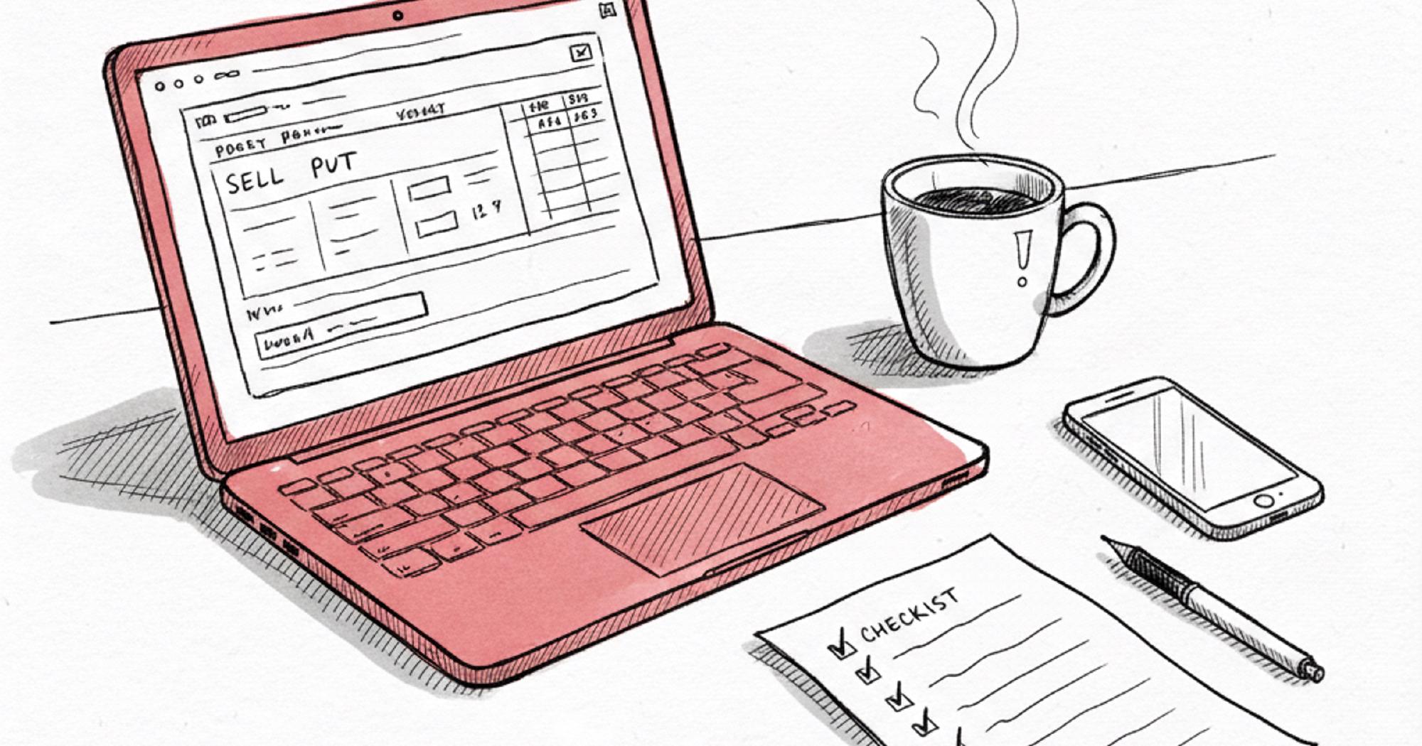 Placing your first cash-secured put trade on a laptop brokerage order ticket with a checklist beside it