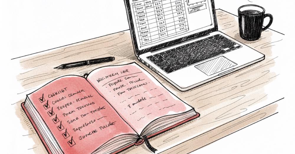 A notebook with a handwritten wheel strategy stock-selection checklist next to a laptop showing a stock screener