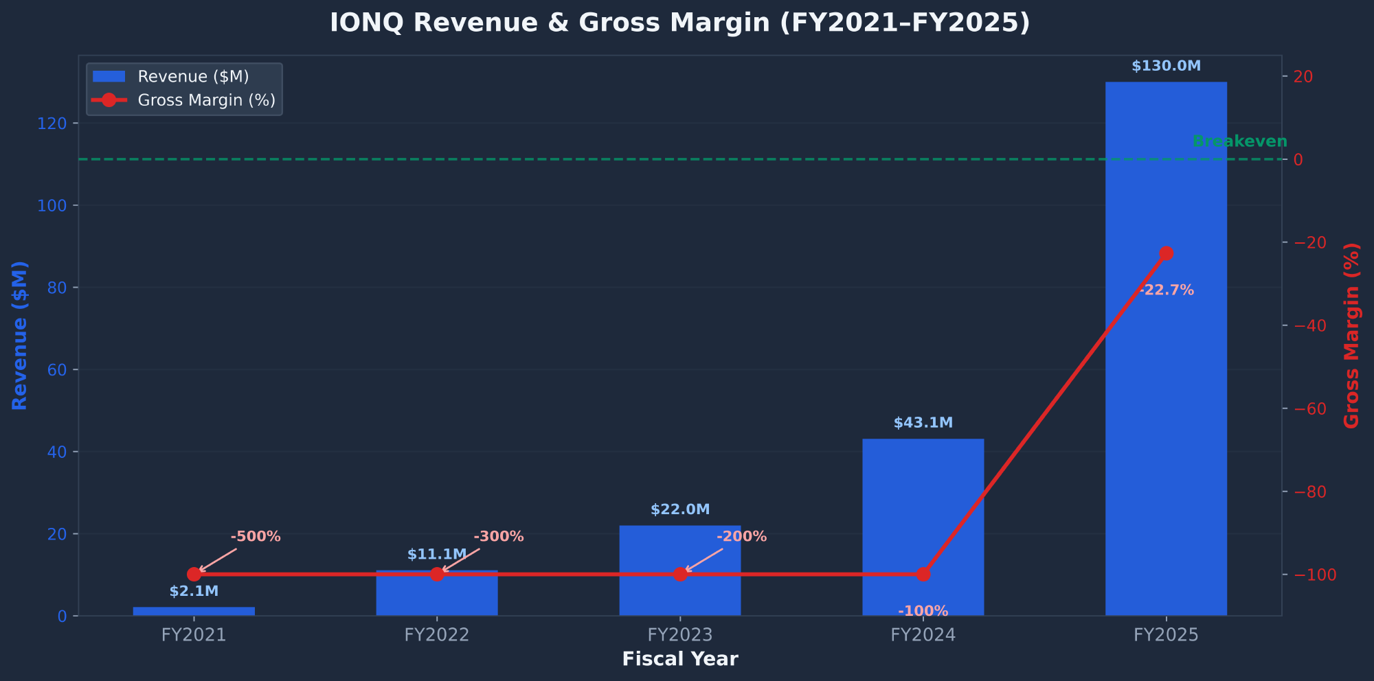 IONQ IonQ revenue and gross margin history FY2021 to FY2025 showing explosive growth with persistent negative margins