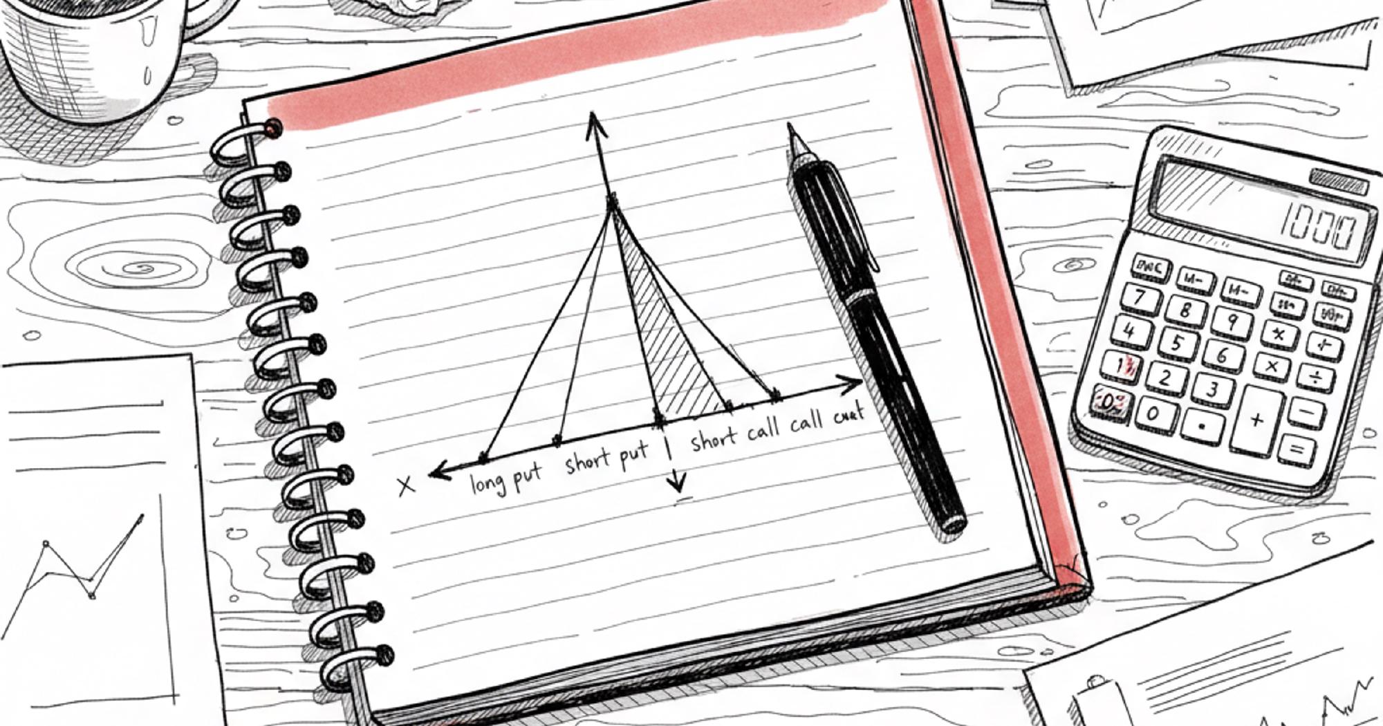 Iron butterfly payoff diagram in a notebook showing peaked tent shape with short put, short call, long put, and long call strikes labeled