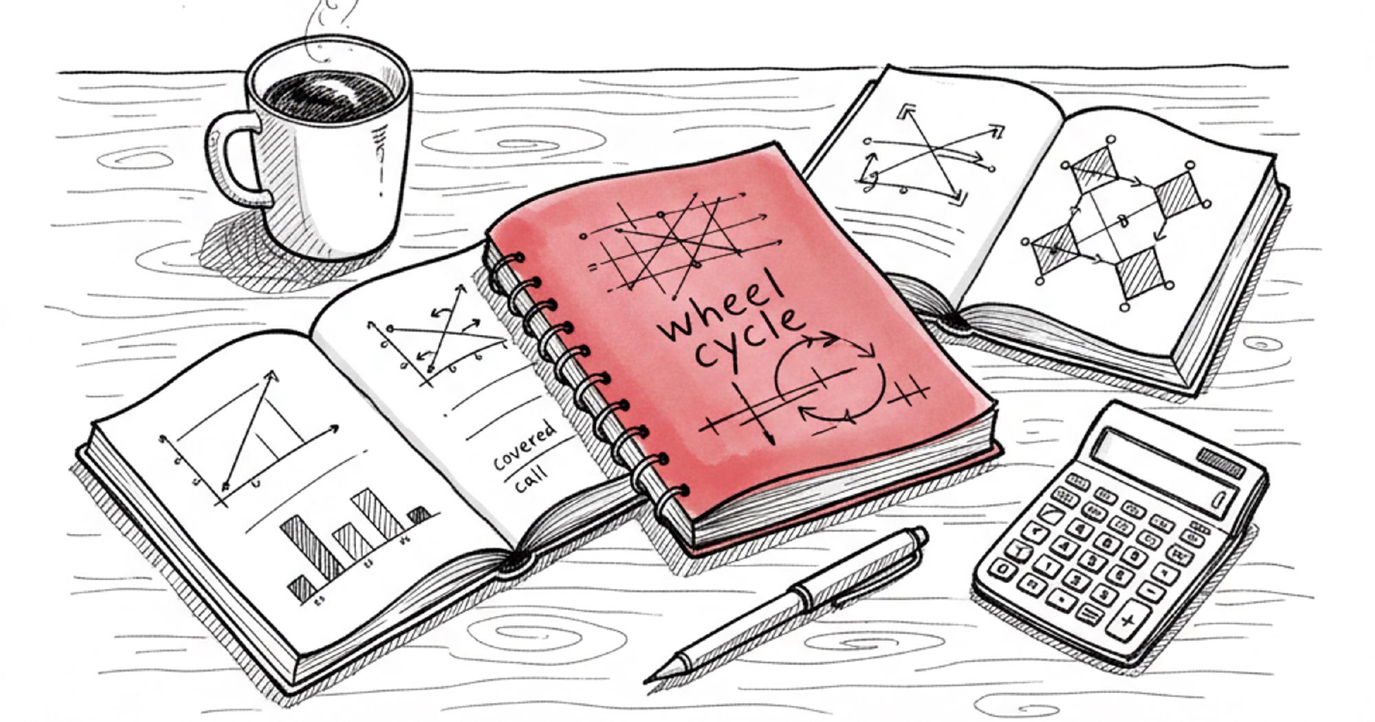 Options income strategies notebook with three approaches: covered calls, the wheel strategy, and iron butterflies for generating monthly cash flow
