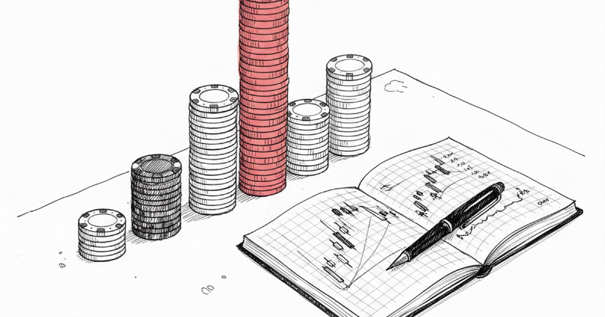 Options position sizing mistake shown as one oversized stack of chips towering over evenly sized stacks beside a trade journal