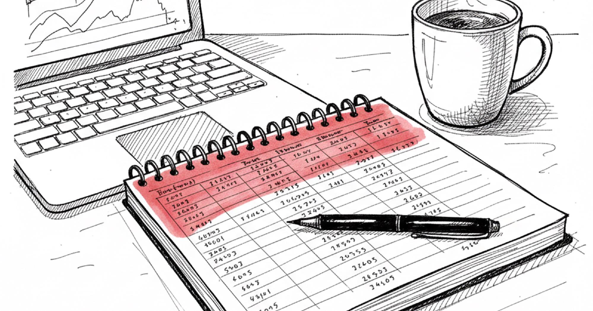 Trade record keeping notebook with handwritten options trade entries next to a laptop and coffee mug