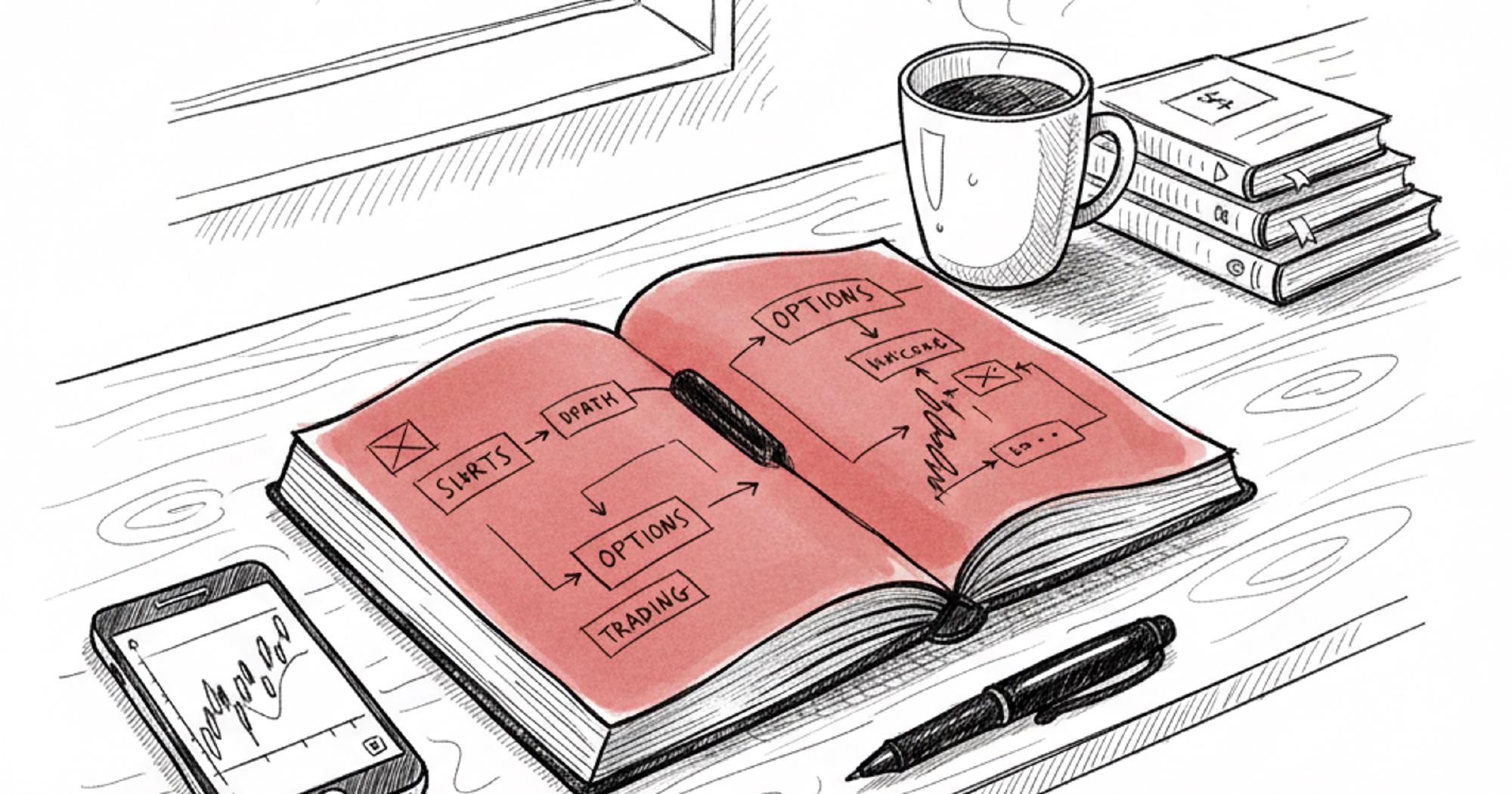 Options trading for beginners workspace with a notebook showing an options diagram, a smartphone with a stock chart, and a coffee mug
