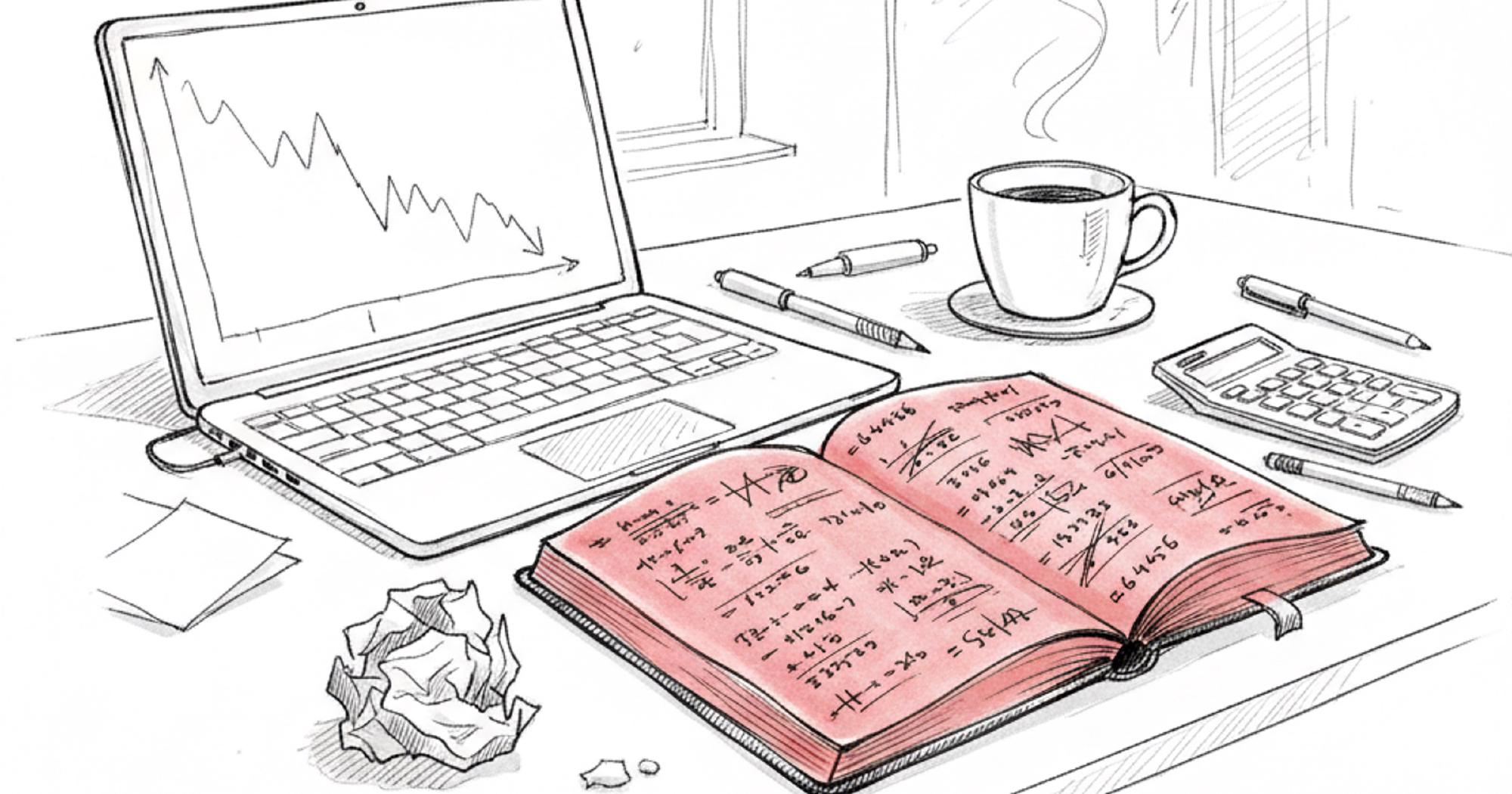 Options trading mistakes illustrated by a notebook of crossed-out figures beside a laptop showing a declining chart