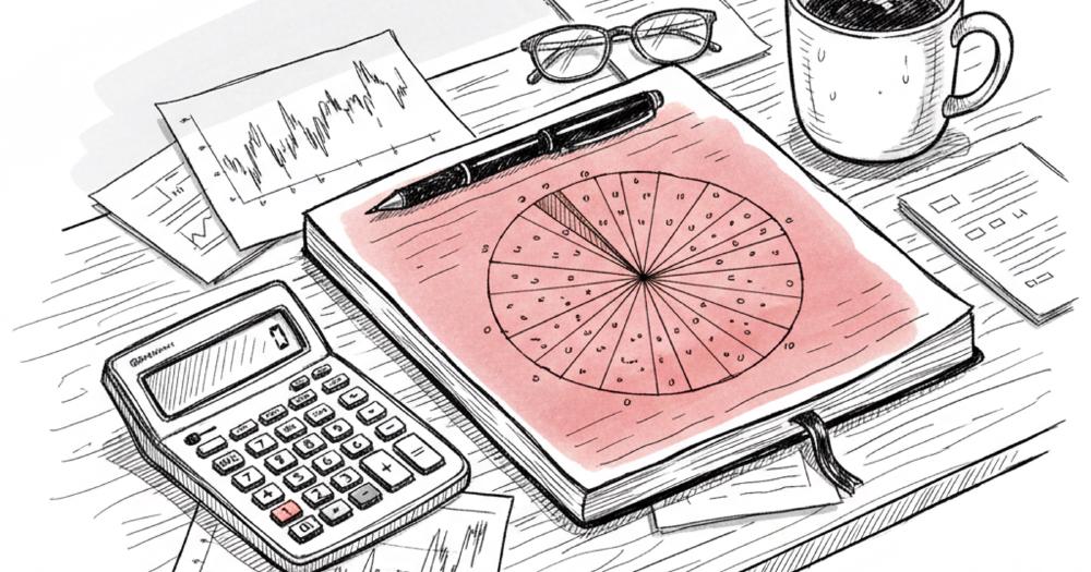 Risk management for premium sellers shown as a position-sizing pie chart in a notebook with a calculator, emphasizing small position sizes