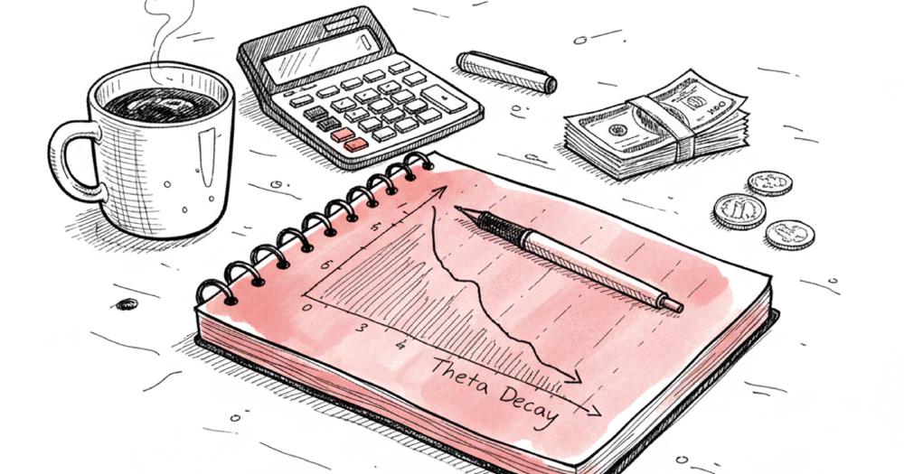 Options premium selling playbook showing a theta decay curve in a notebook with cash being collected, representing the theta gang income philosophy