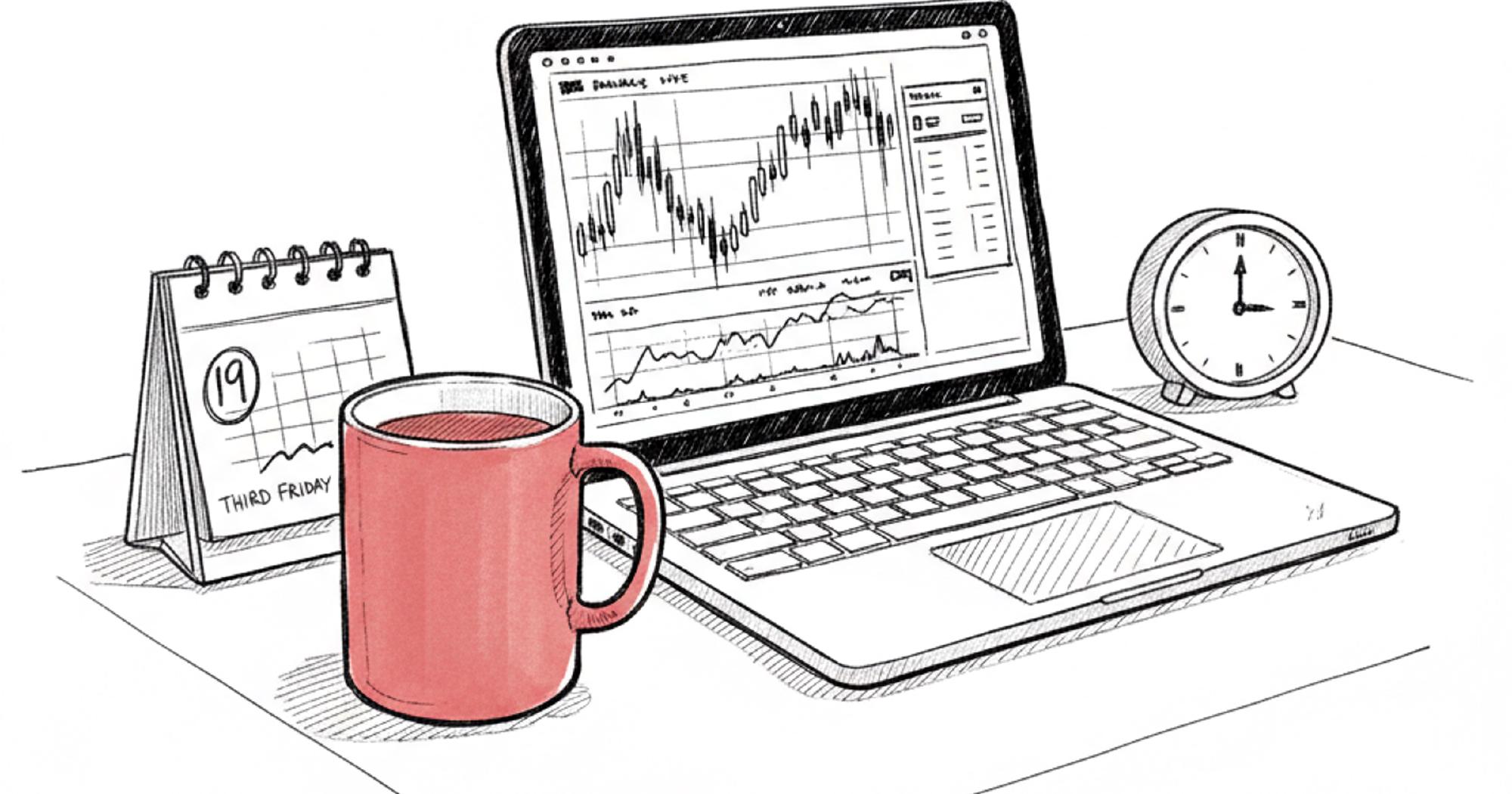 Workflow showing the weekly process of selling your own covered calls for income with a notebook and laptop