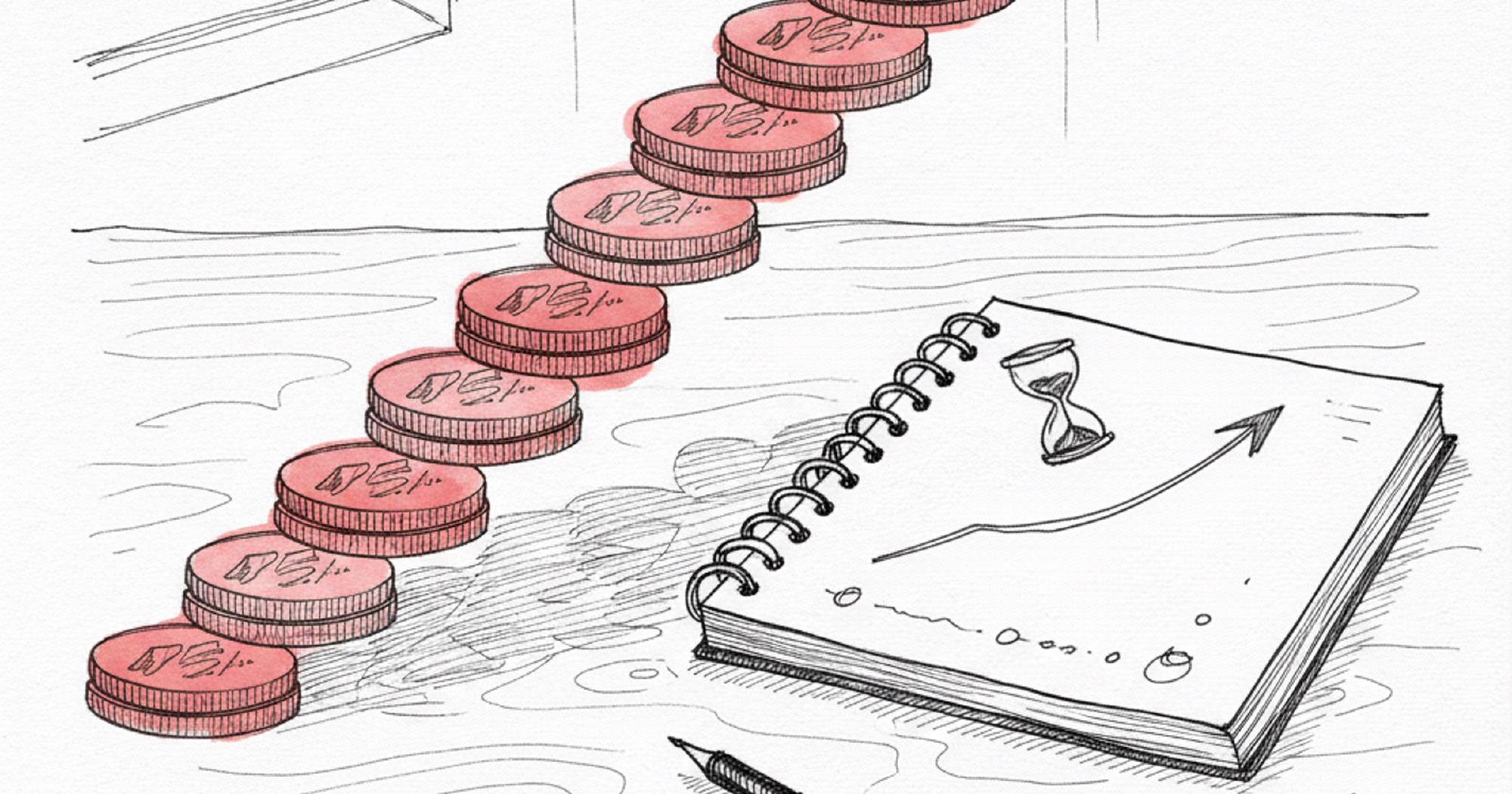 Tax-free compounding of options premium shown as a rising staircase of stacked coins next to a notebook