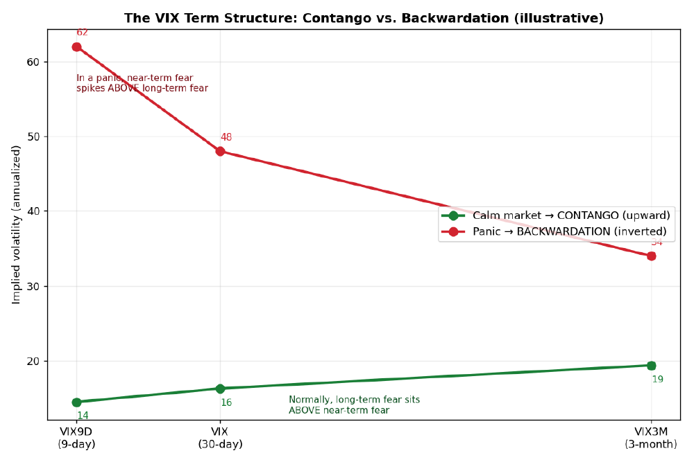 VIX term structure chart showing contango as an upward sloping curve and backwardation as an inverted curve where near-term fear spikes above long-term fear