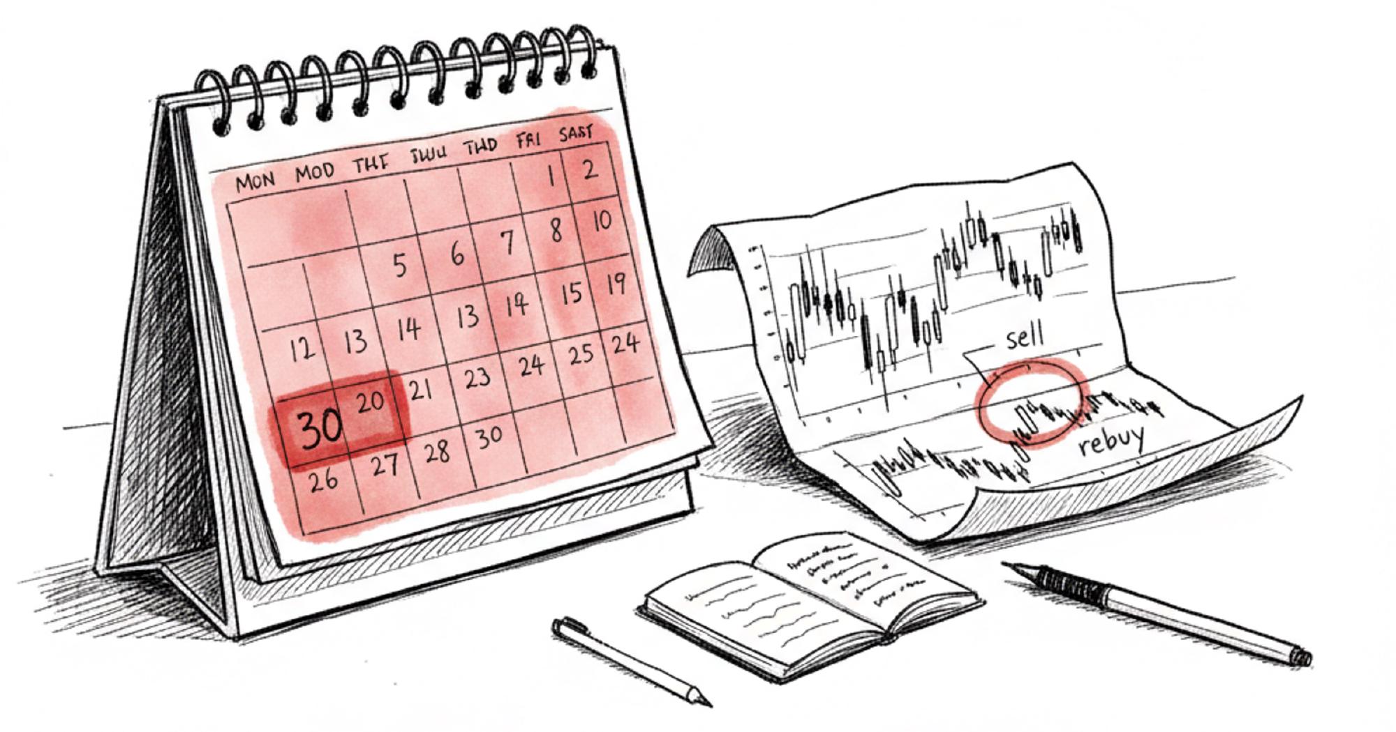 Wash sale rule diagram showing 30-day window before and after a loss sale that disallows the loss for tax purposes