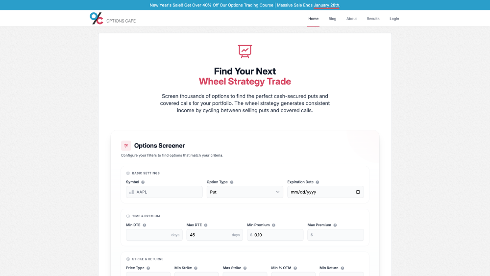 Wheel options screener interface showing search filters and AAPL results with put options data