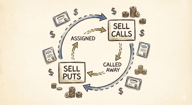 The wheel options strategy cycle showing cash-secured puts and covered calls phases