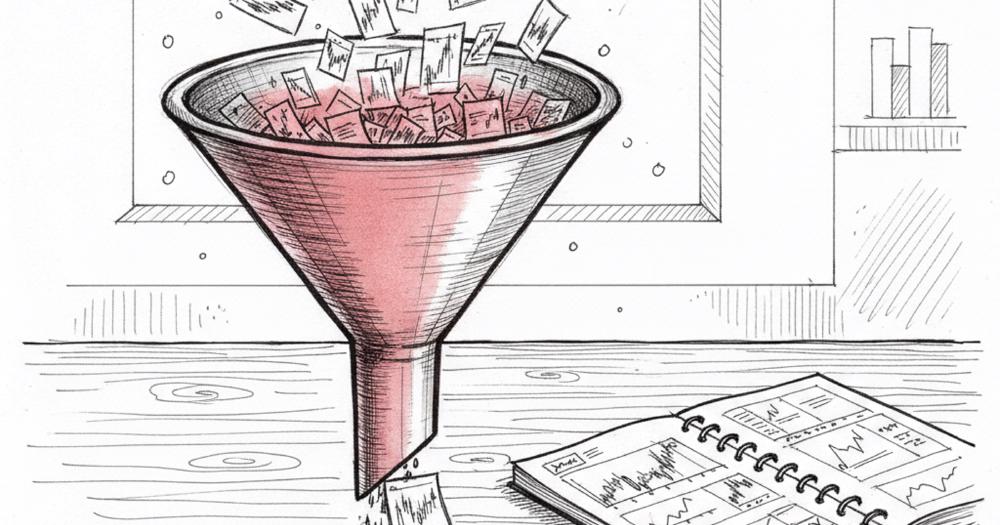 A funnel filtering a large watchlist of stock tickers down to a few qualified wheel strategy candidates