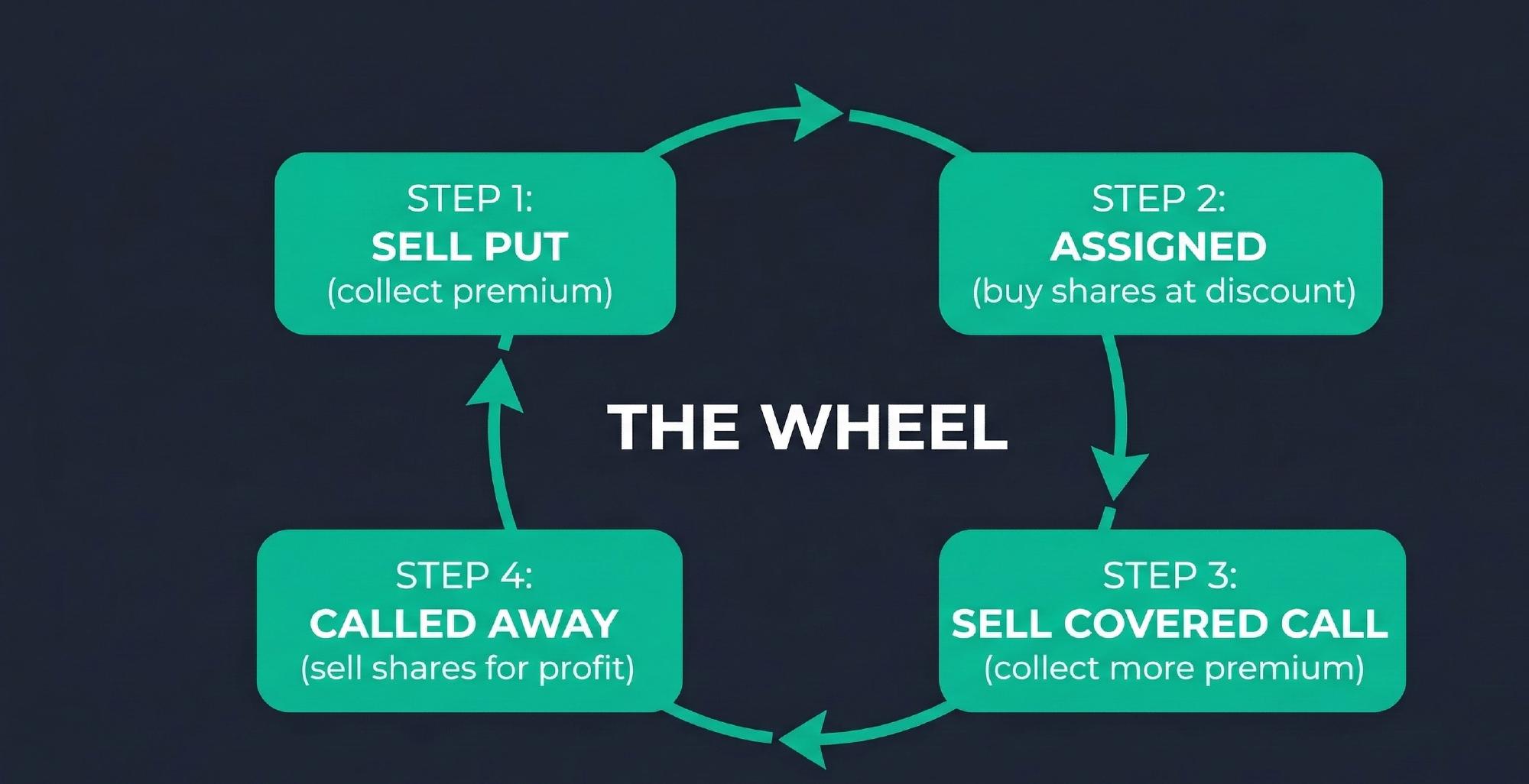 Wheel strategy flowchart showing the four-step cycle: sell put, get assigned, sell covered call, get called away, and repeat