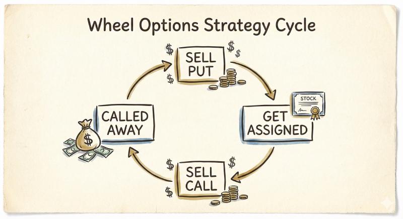 Wheel options strategy flowchart showing the decision process from selling puts through assignment to selling calls