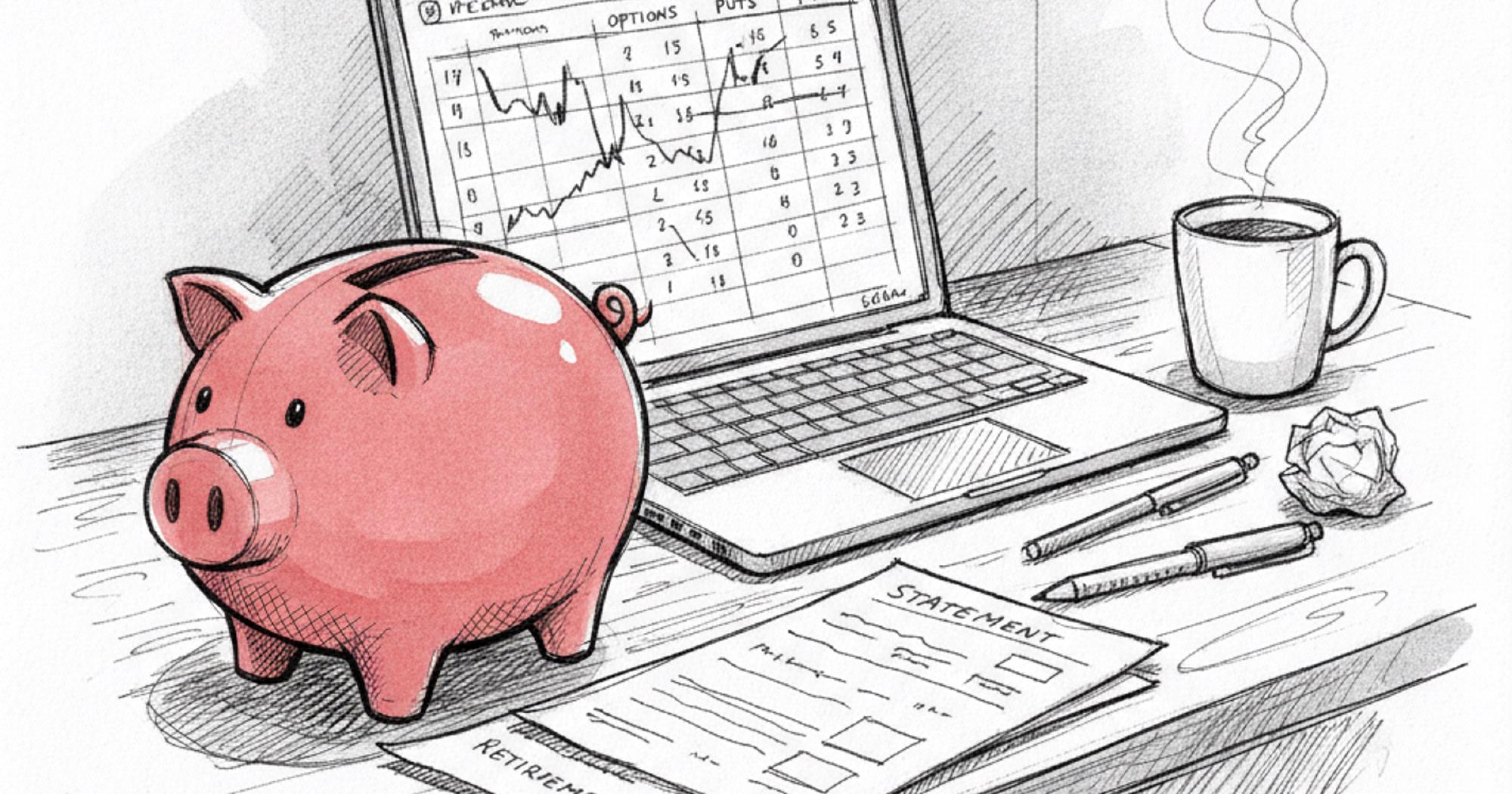 Wheel strategy in an IRA illustrated with a piggy bank, retirement account statement, and laptop showing an options chain