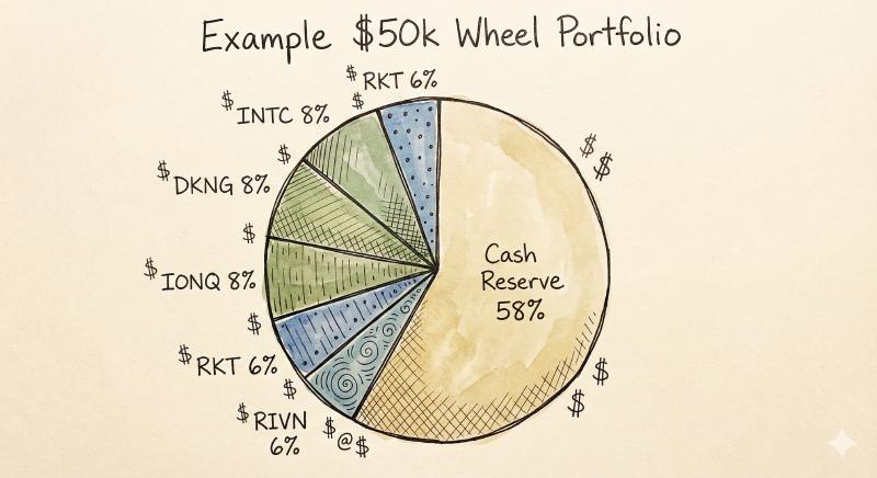 Example portfolio allocation pie chart for wheel options strategy showing diversification across multiple stocks