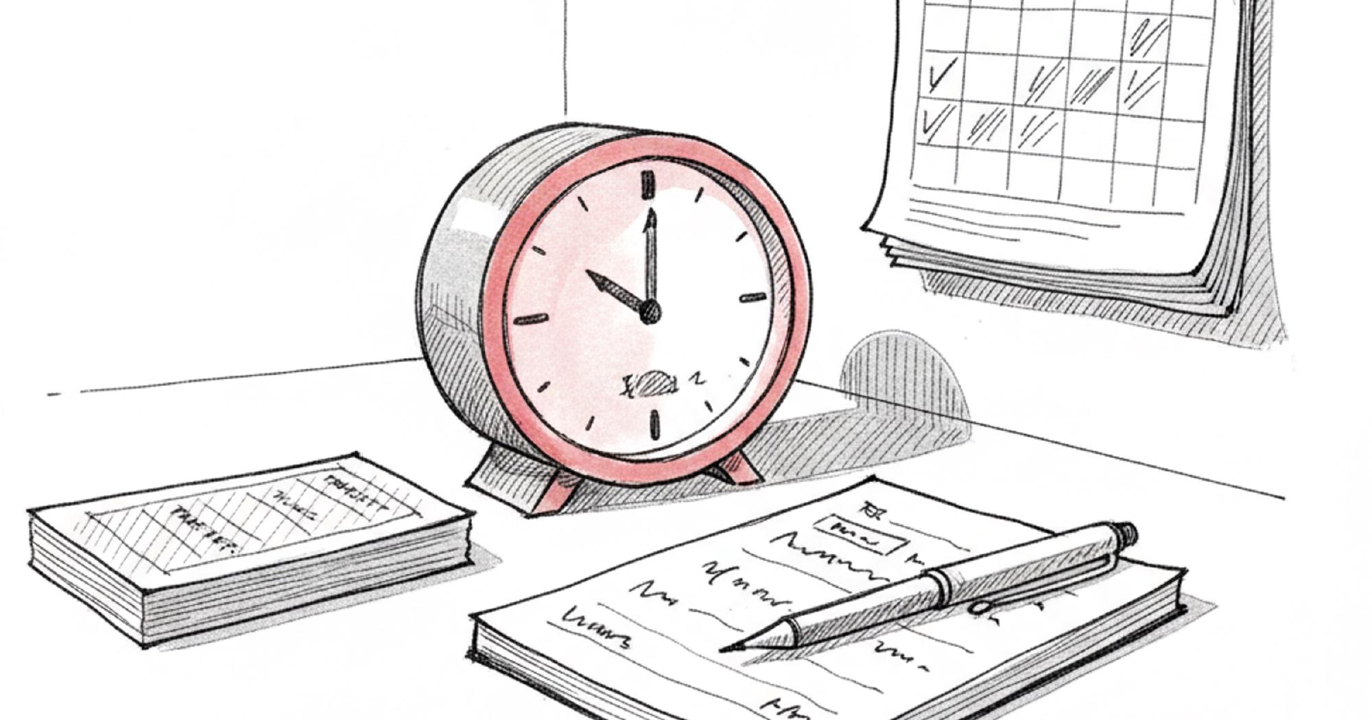 The time cost of running the wheel strategy shown by a desk clock beside a stack of options trade tickets and a calendar