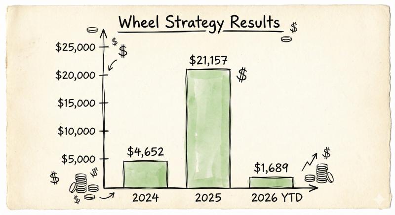 Wheel options strategy yearly profits bar chart showing $4,652 in 2024, $21,157 in 2025, and $1,689 in 2026 YTD