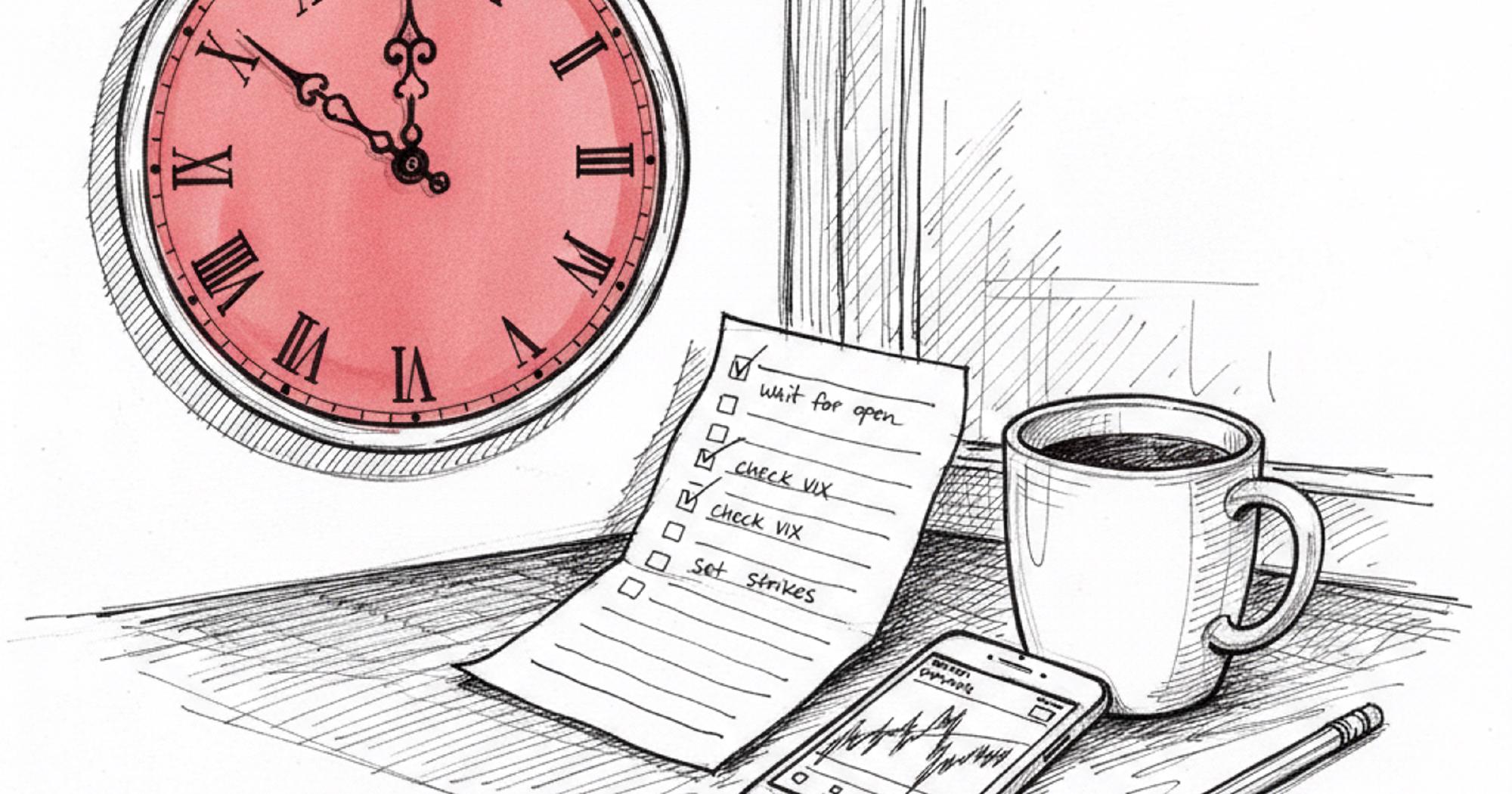 Zero DTE iron butterfly entry checklist on a desk with clock showing 9:45am, options trading app, and coffee mug