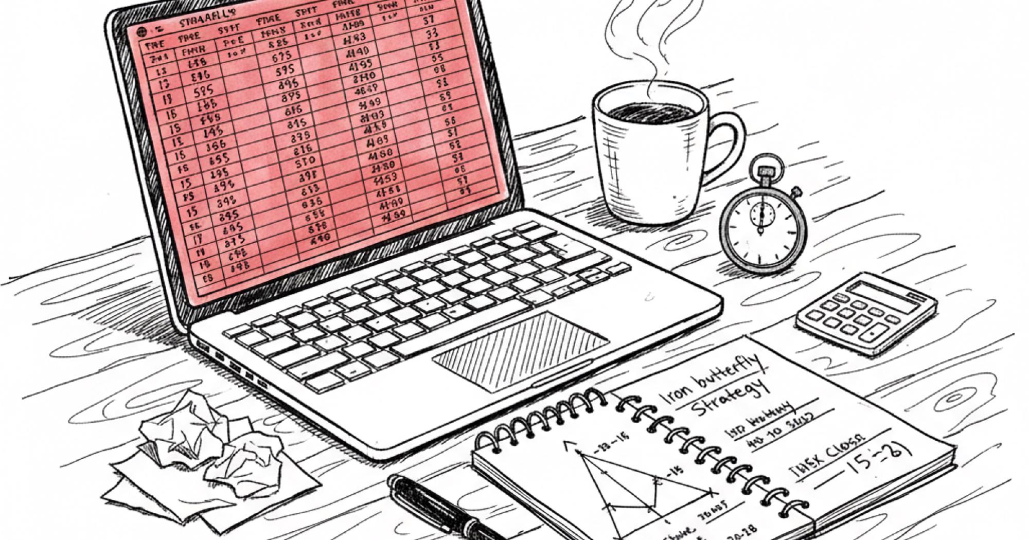 Zero DTE SPX iron butterfly trading desk with option chain on laptop, stopwatch, coffee mug, and butterfly payoff diagram in a notebook