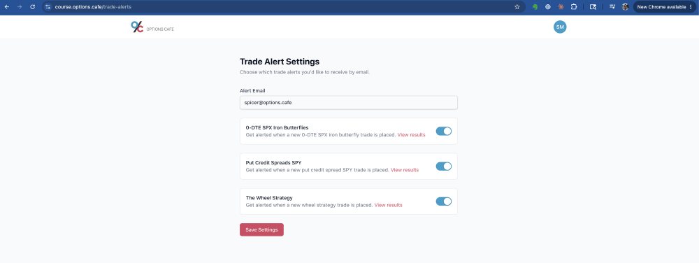 Options Cafe Trade Alert Settings page with the alert email field and on/off toggles for each options strategy