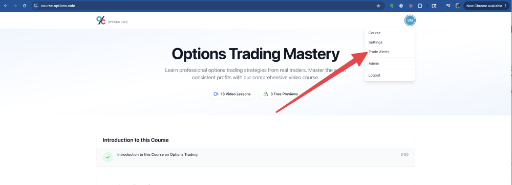Options Cafe account menu open with the Trade Alerts link highlighted
